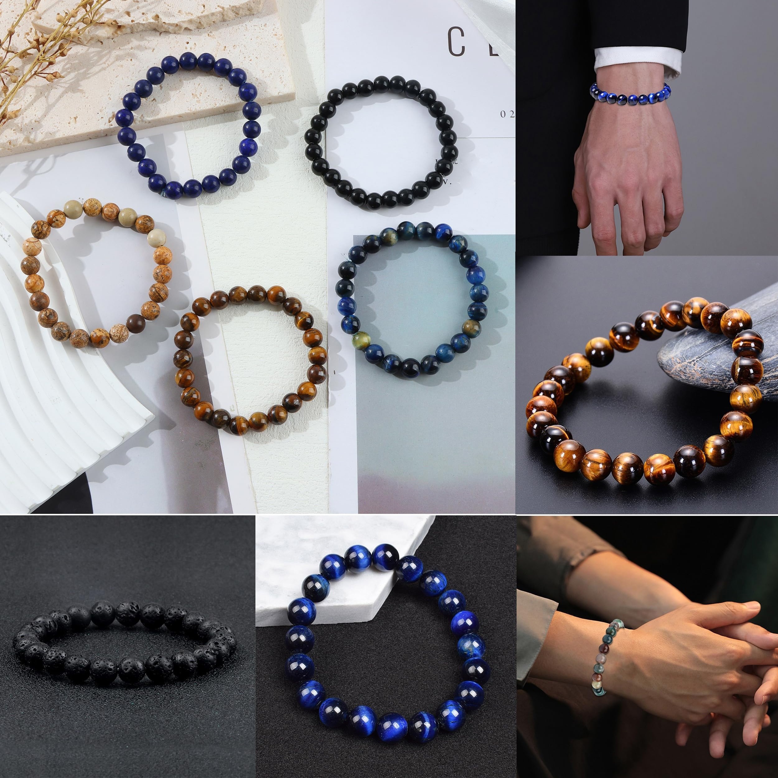 Women's 12 Natural Stone Beaded Stretch Bracelet Set